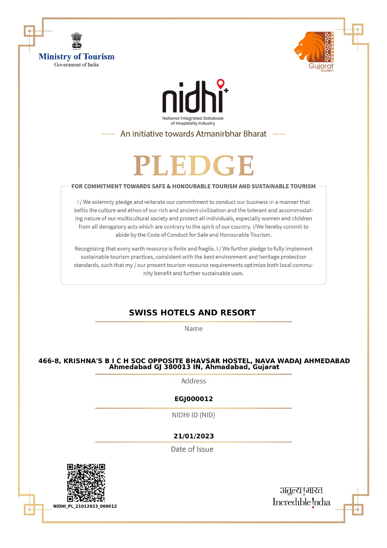 Gujarat Tourism Nidhi Certificate